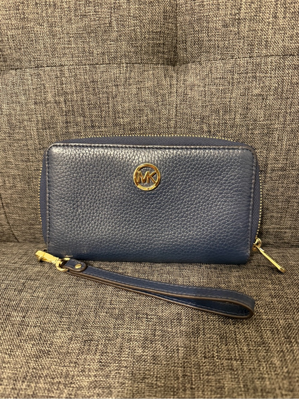 Michael Kors Blue Pebbled Leather Zip-Around Wristlet Wallet with Gold Hardware